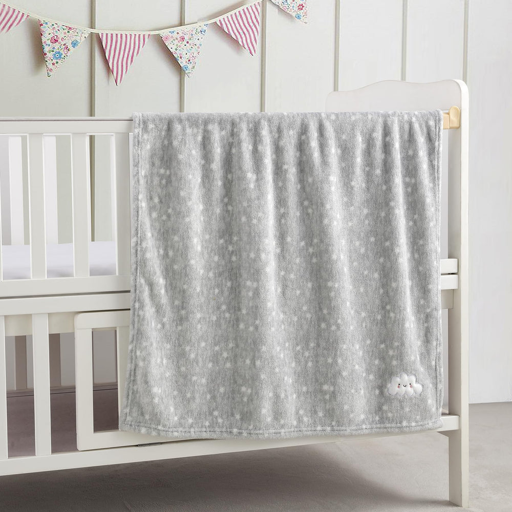 CREVENT grey cloud blanket closeup soft fleece for gentle baby comfort.