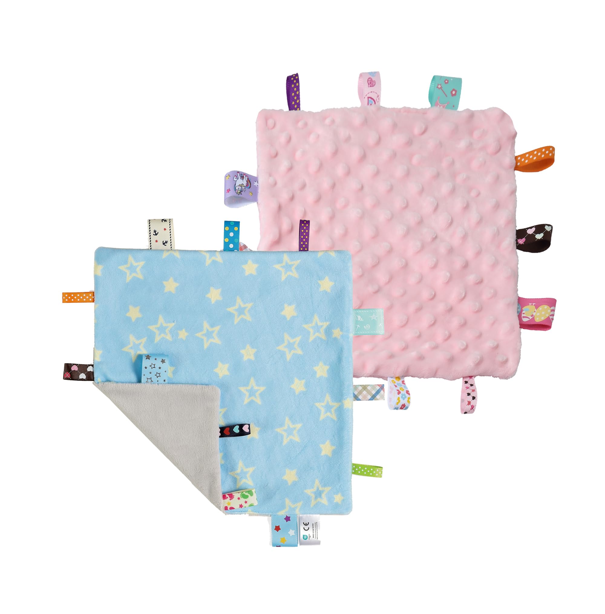 CREVENT Tag Security Blanket blue star pink comforts babies with tactile stimulation during nap time