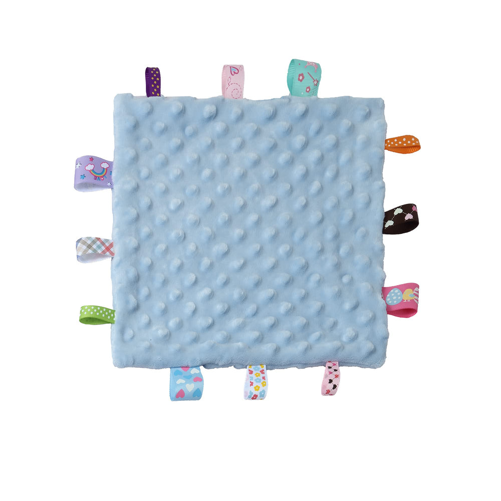CREVENT tag security blanket blue tag closeup shows a soft, soothing tactile surface for babies.