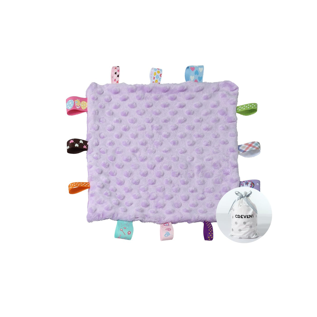 CREVENT Tag Security Blanket front view with soft Minky dot texture for soothing touch.