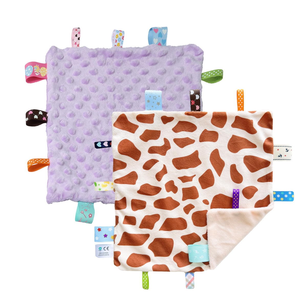CREVENT tag security blanket giraffedot-purple soft fabric for baby snuggles and play