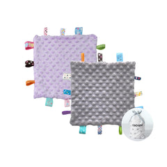 CREVENT tag security blanket with soft Minky dot front for soothing touch