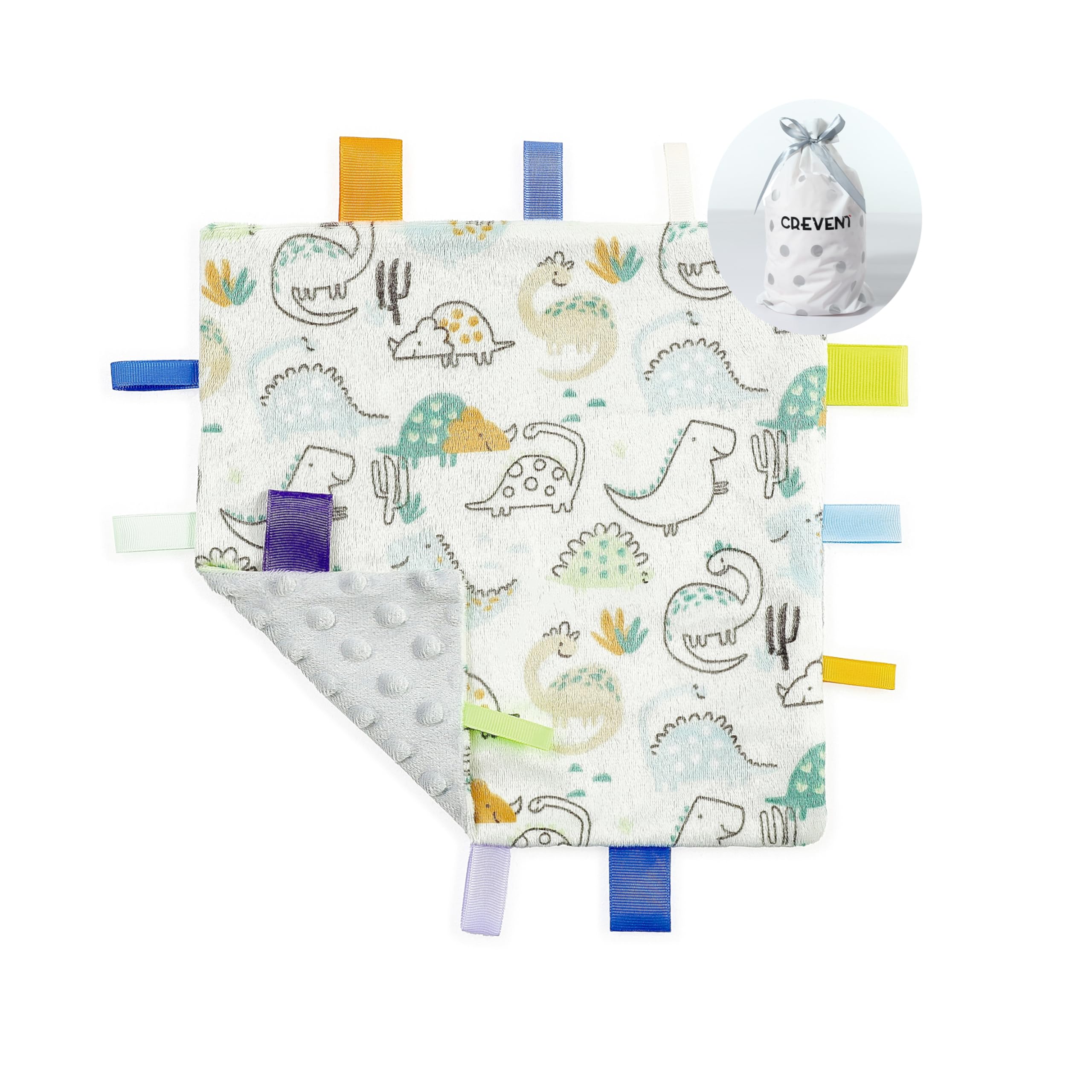 CREVENT taggies embroidery detail highlighting secure design for safe baby toy