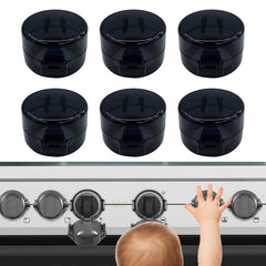Creztail 6pc knob covers installed on stove knobs for safer family kitchen use.