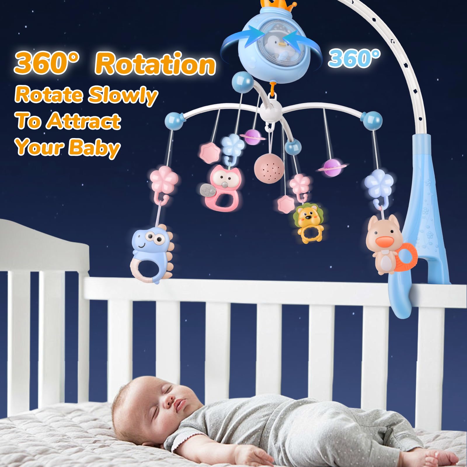 Crib-Mobile five-color rattles double as teethers for gentle teething moments