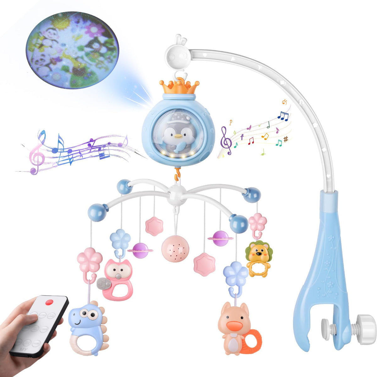 Crib-Mobile projection lullabies soothe baby and promote visual engagement