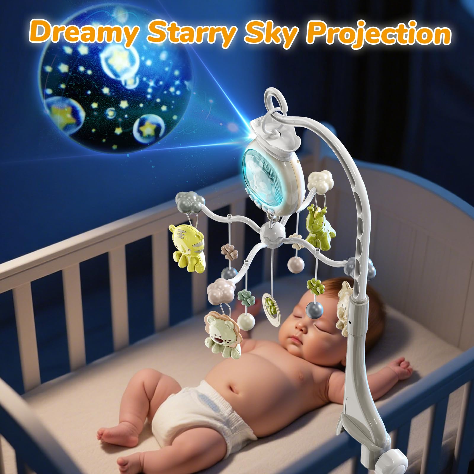Crib Mobile soft light and lullabies in calming nursery setting
