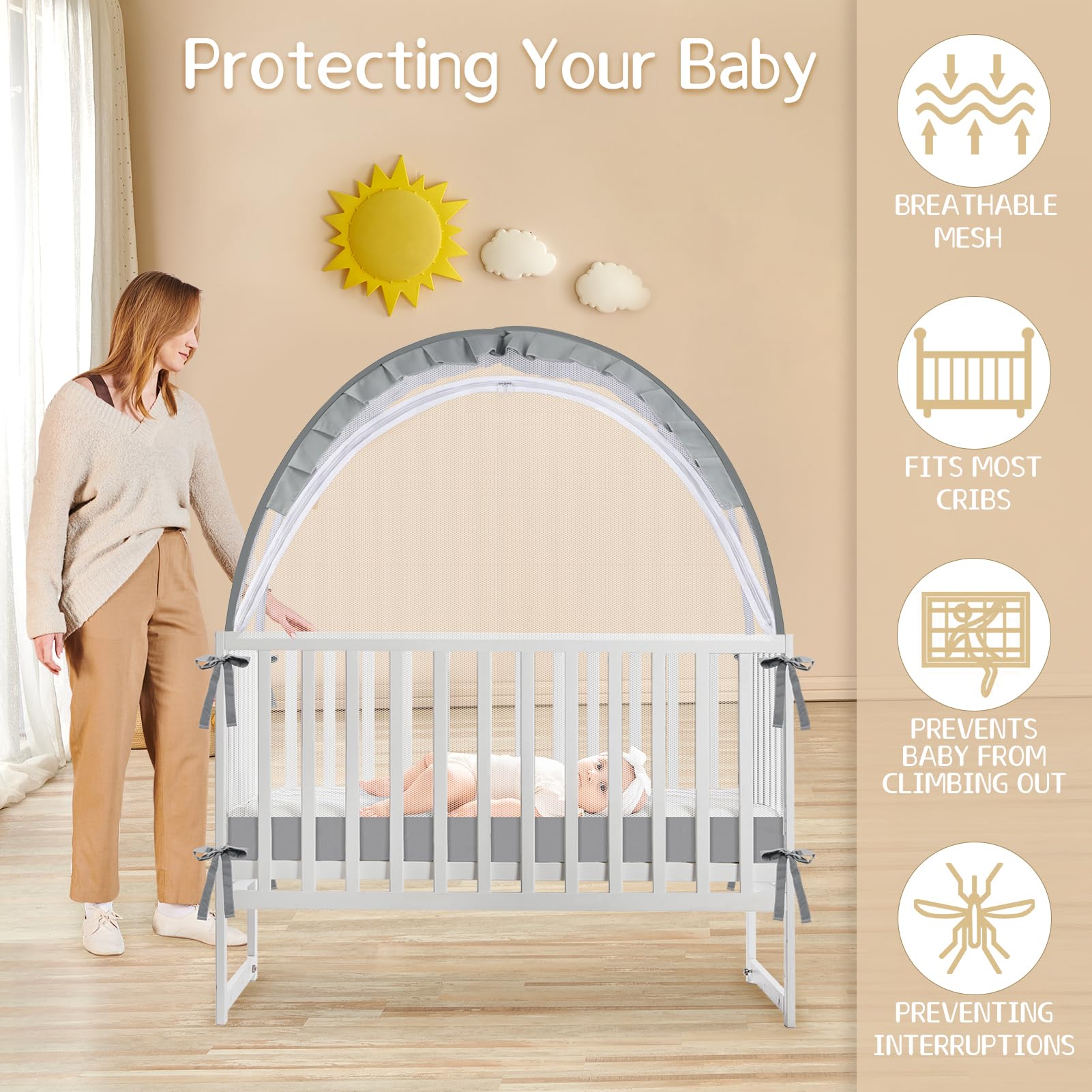 Crib Tent breathable mesh net grey highlights airy visibility while protecting sleep.