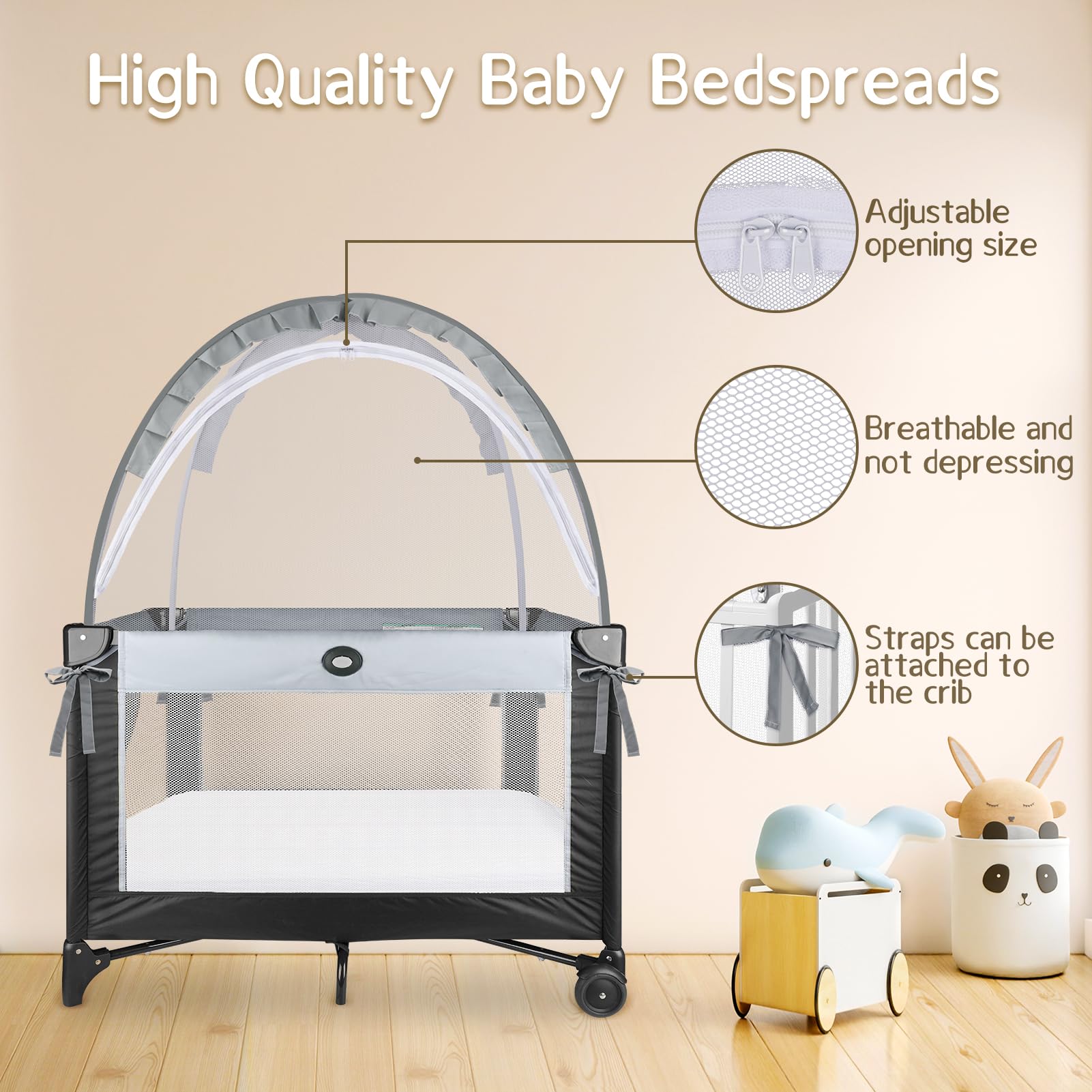 Crib Tent full-bottom structure offers 360-degree protection with ample interior play space.