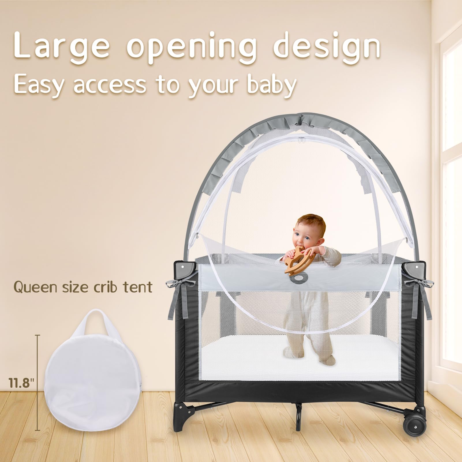 Crib Tent high-density mesh provides clear visibility and breathable airflow.