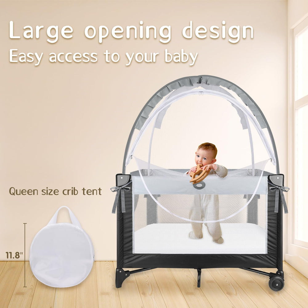 Crib Tent high-density mesh provides clear visibility and breathable airflow.