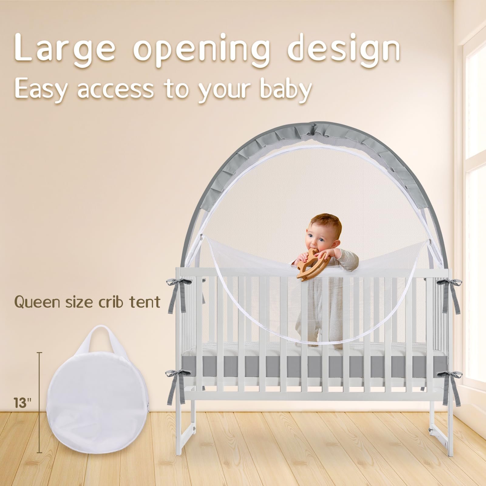 Crib Tent pop-up setup grey showcases instant, tool-free installation.
