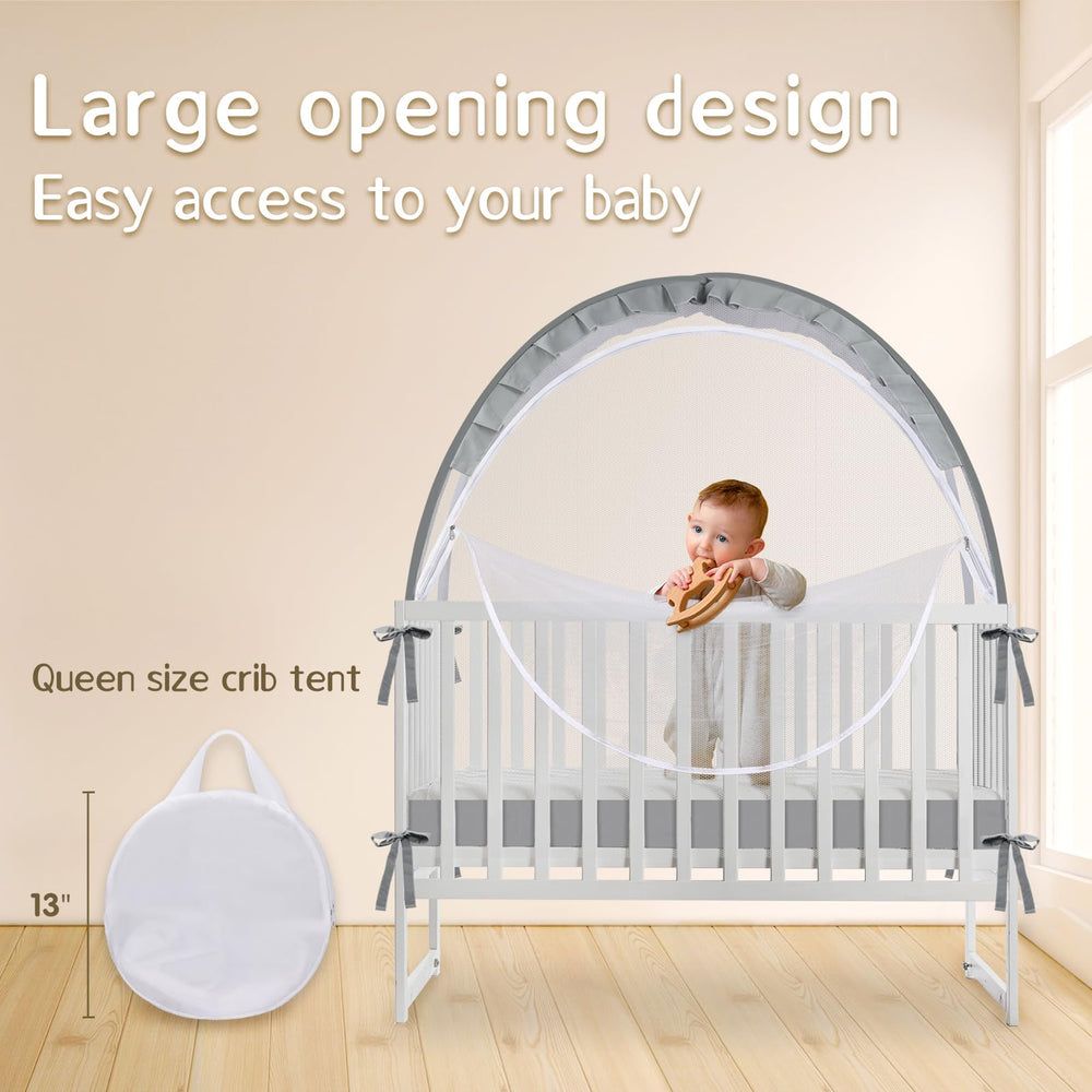 Crib Tent pop-up setup grey showcases instant, tool-free installation.