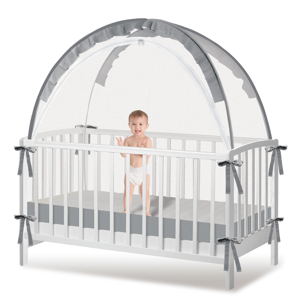 Crib Tent safety guard grey front view demonstrates full coverage for baby protection.