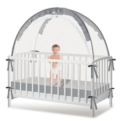 Crib Tent safety guard grey front view demonstrates full coverage for baby protection.