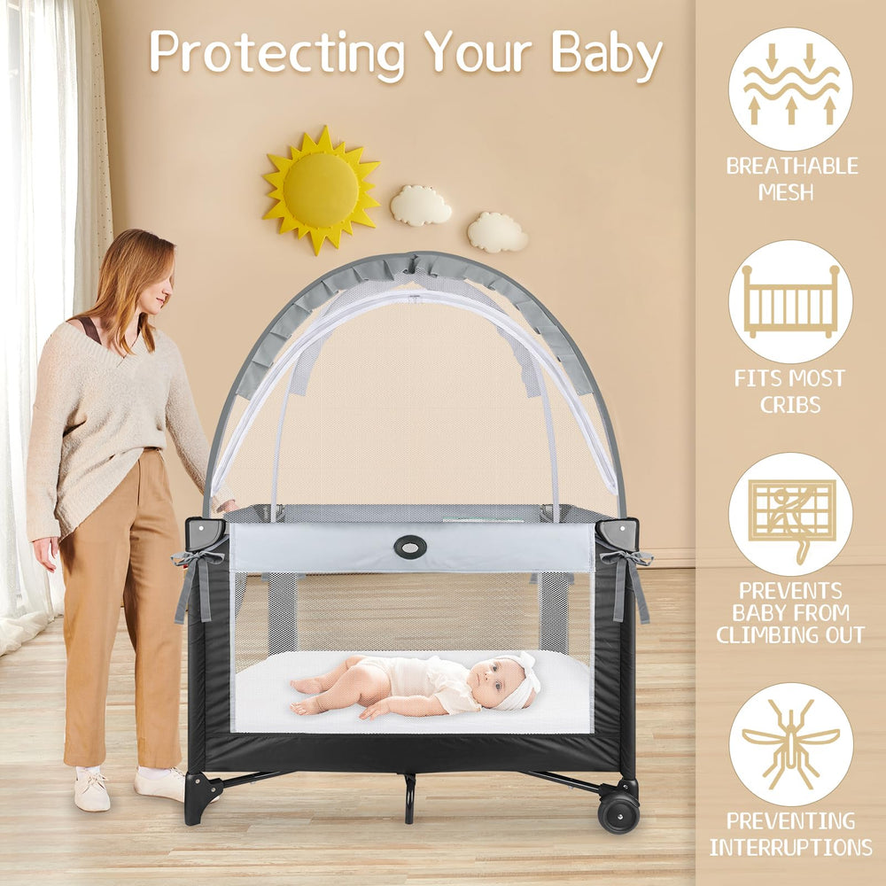 Crib Tent two-way zipper demonstrates quiet, easy access while keeping baby securely inside.