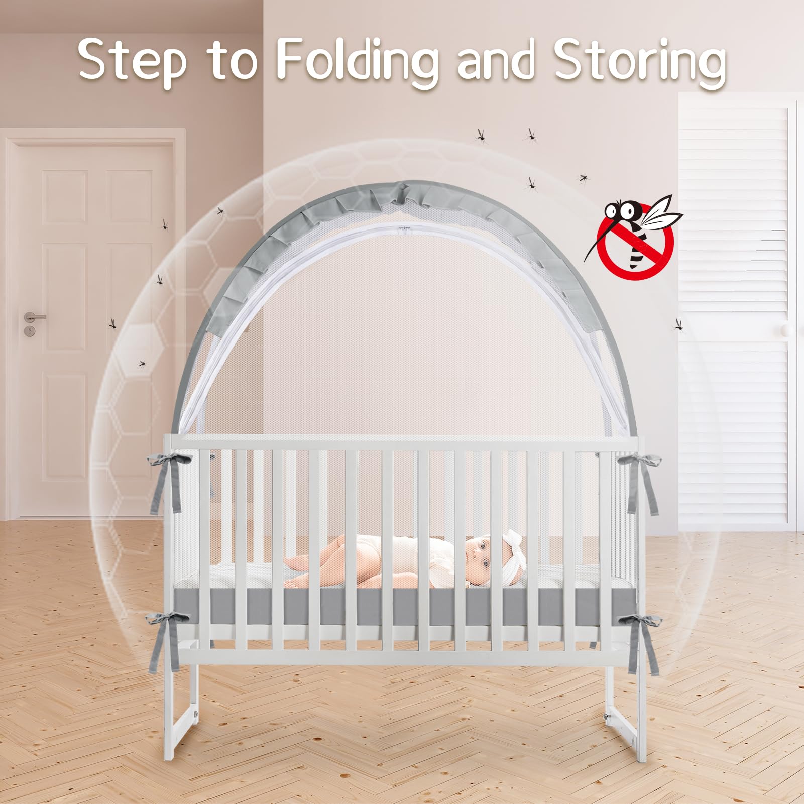 Crib Tent wide interior space grey allows baby to move safely.