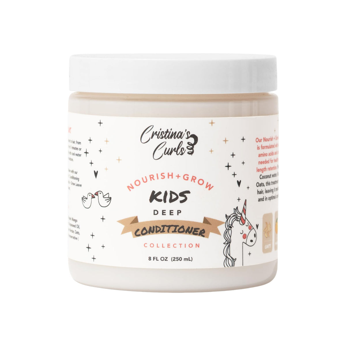 Cristina's Curls Kids Deep Conditioner bottle pour delivers easy detangling and smooth hair.