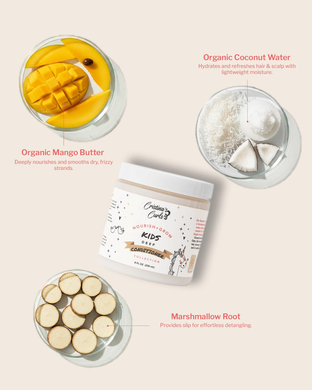 Cristina's Curls Kids Deep Conditioner's packaging shot highlights kid-friendly formula and easy weekly use.