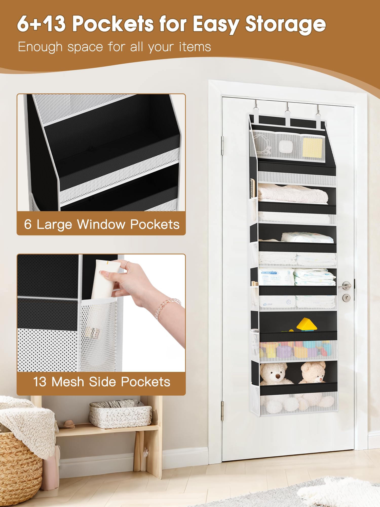 Criusia door organizer includes hooks and boards for tool-free setup.