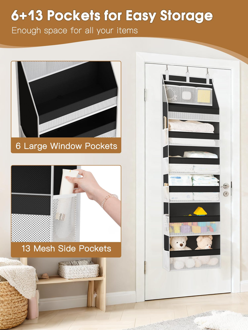 Criusia door organizer includes hooks and boards for tool-free setup.
