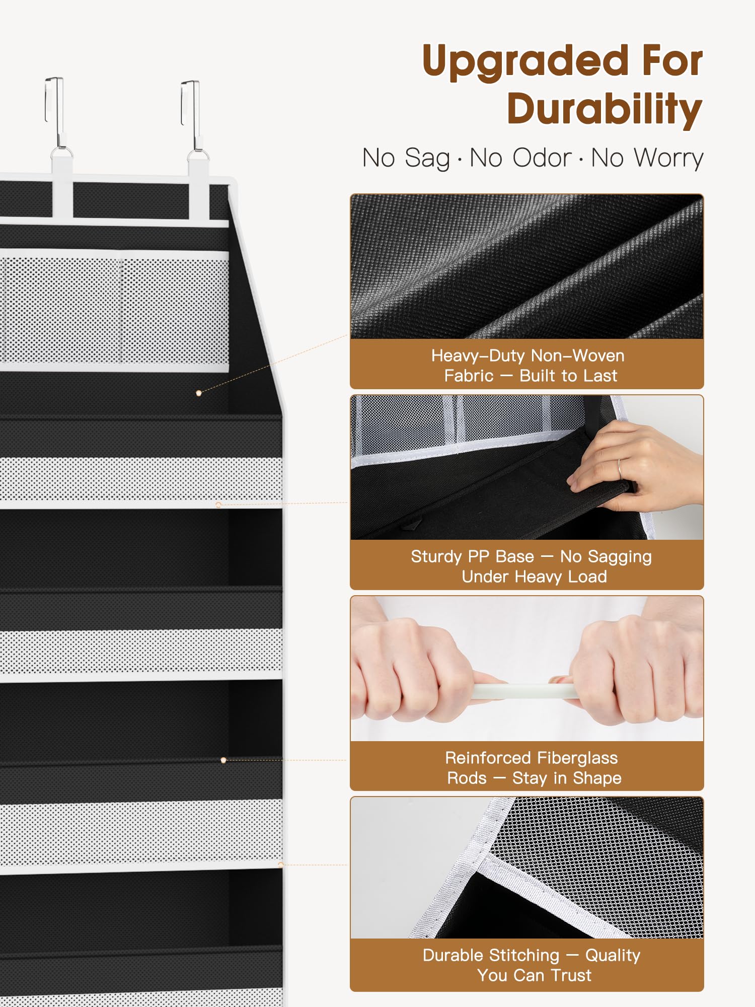 Criusia heavy-duty door organizer supports up to 55 lbs with reinforced rods to prevent sag.