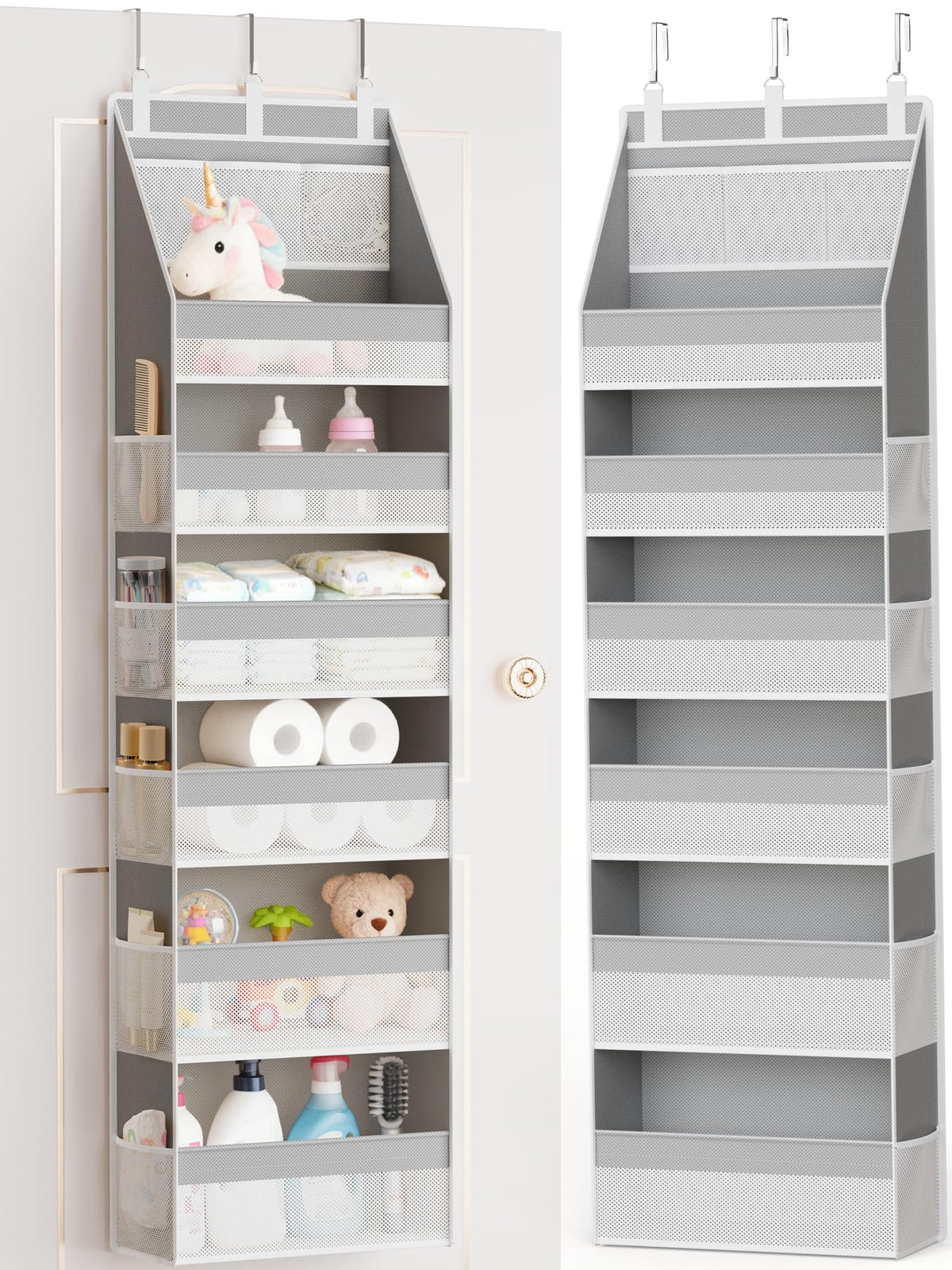 Criusia over-the-door organizer front view shows grey finish with accessible storage for towels and small essentials.