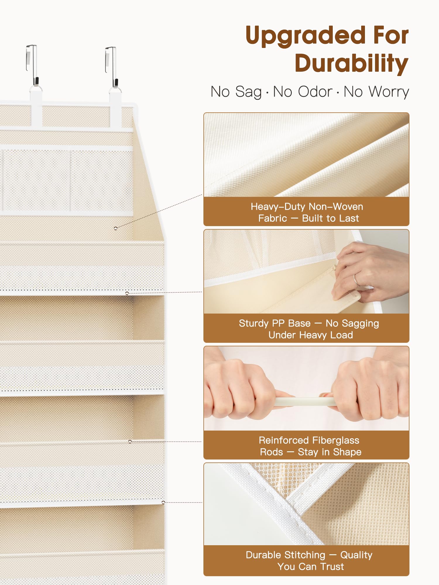 Criusia organizer highlights reinforced fiberglass rods preventing sag.