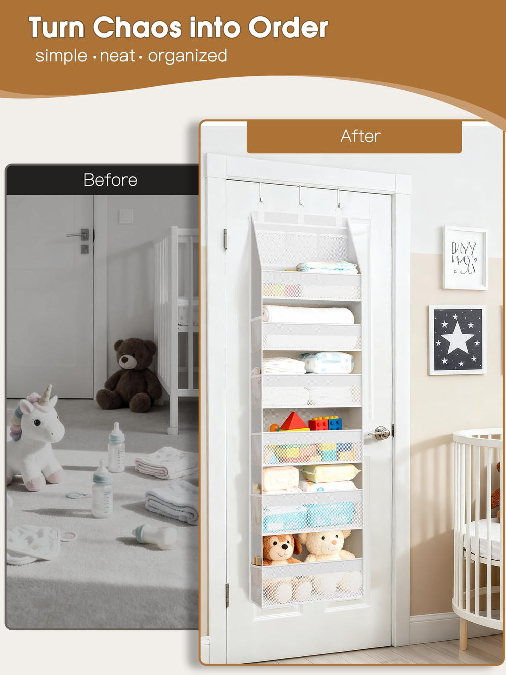 Criusia over-the-door organizer shelves detail highlights sturdy construction and organized spaces.