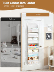 Criusia over-the-door organizer shelves detail highlights sturdy construction and organized spaces.