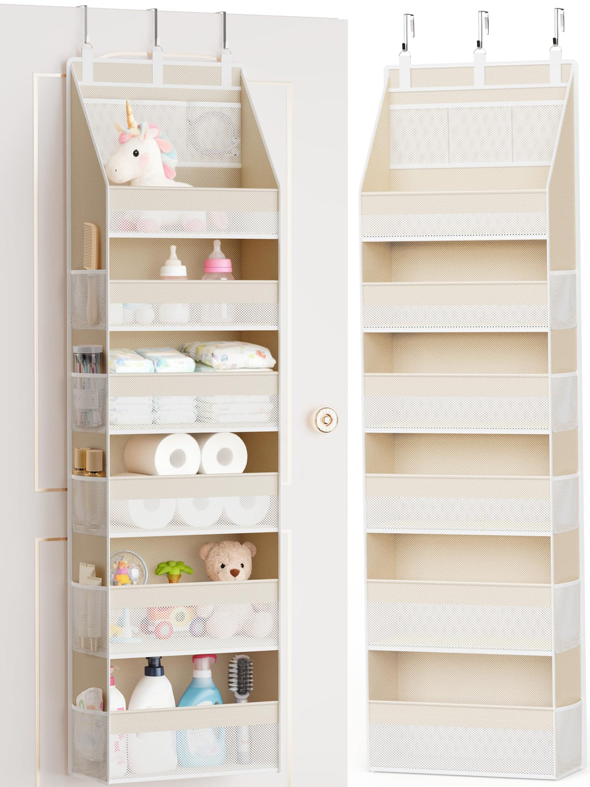 Criusia over-the-door organizer with six deep compartments keeps towels neatly stored.