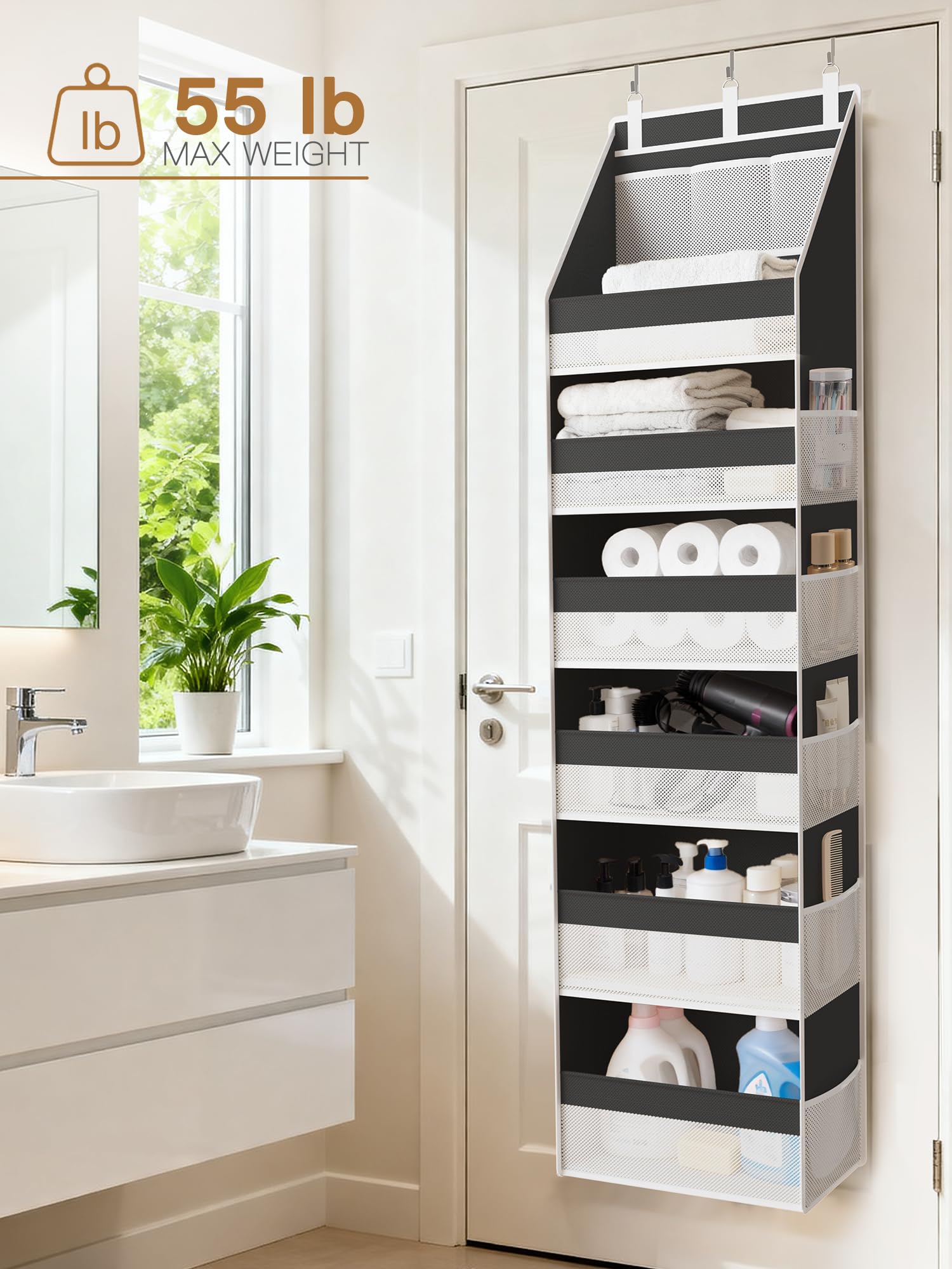 Criusia quick-access morning routine with organized towels and clothing behind the door.
