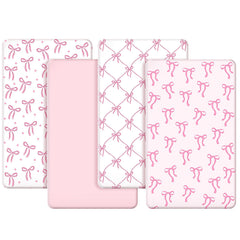 CroBlissful Coquette Pink Bows crib sheet showcases soft, breathable fabric.