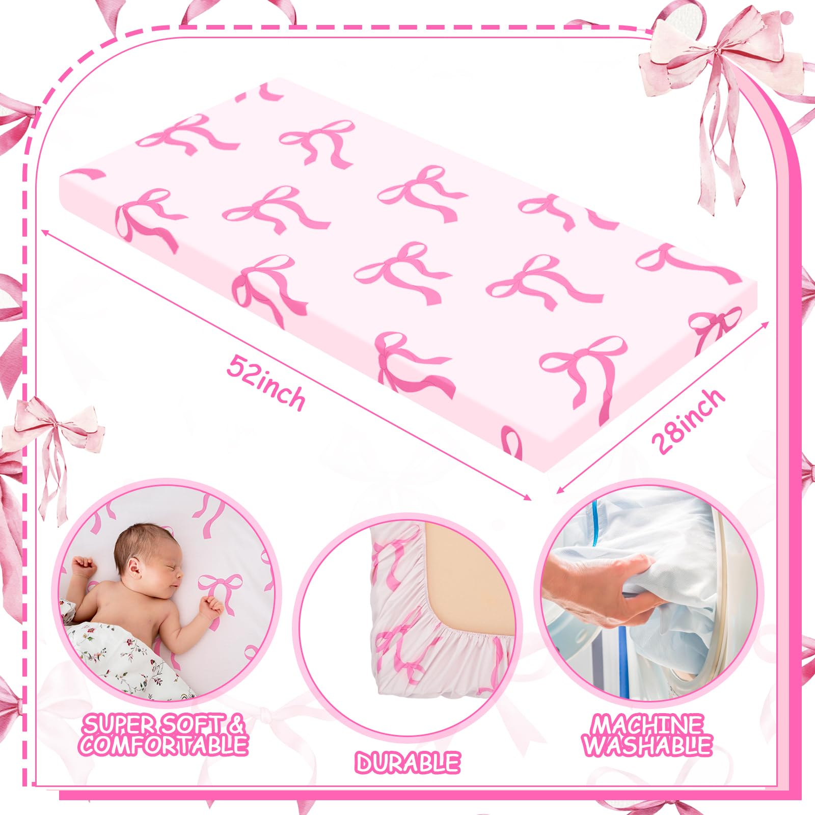 CroBlissful pink bow pattern adds playful charm for nursery décor.