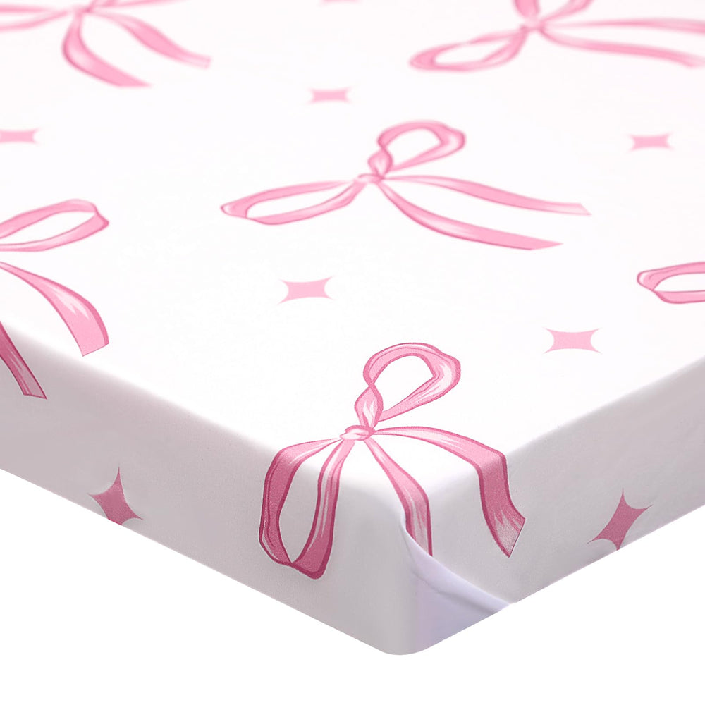 CroBlissful pink bows sheet highlights 9-inch pockets for a secure fit.