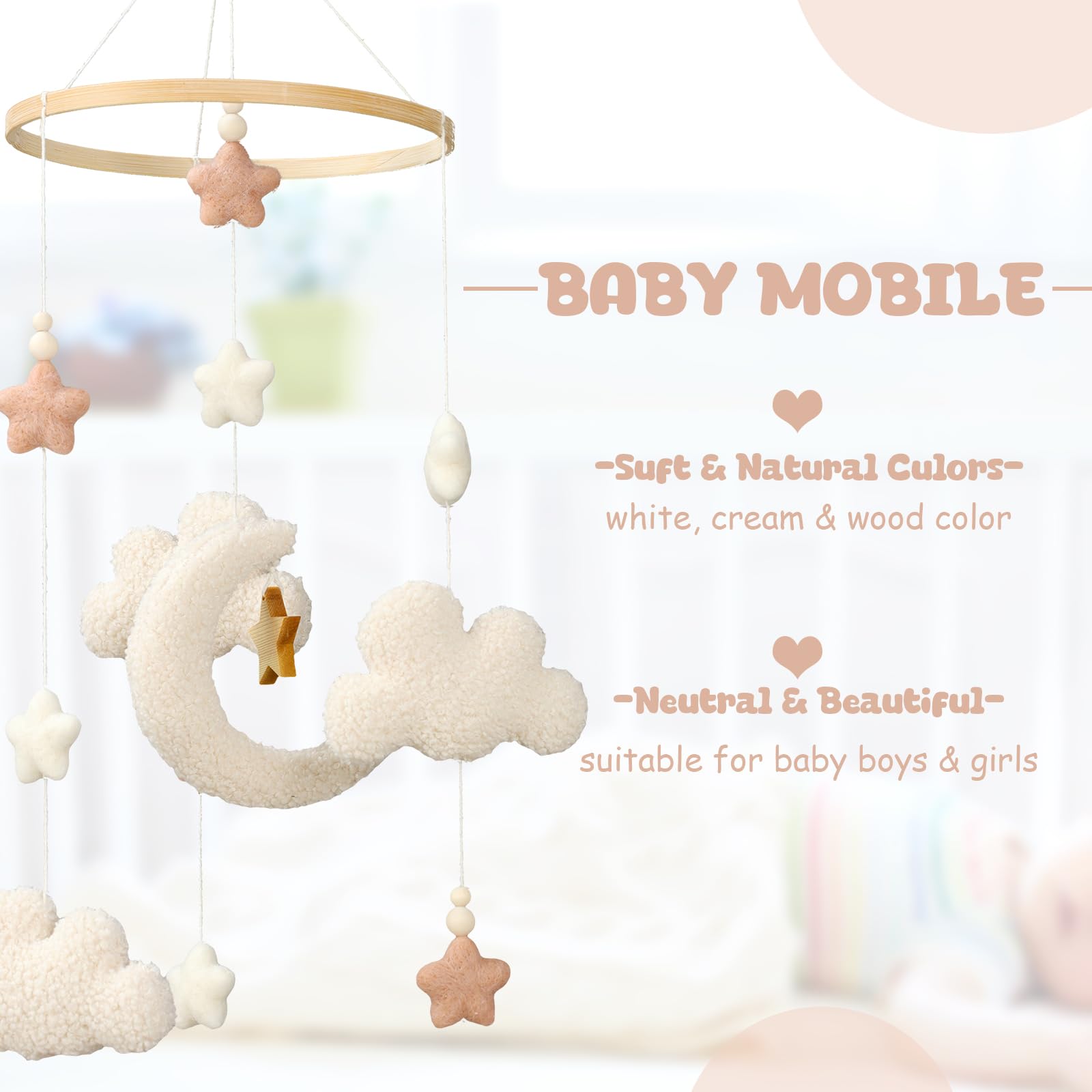 CroBlissful crib mobile in neutral tones complements Boho or modern nurseries and unisex spaces.
