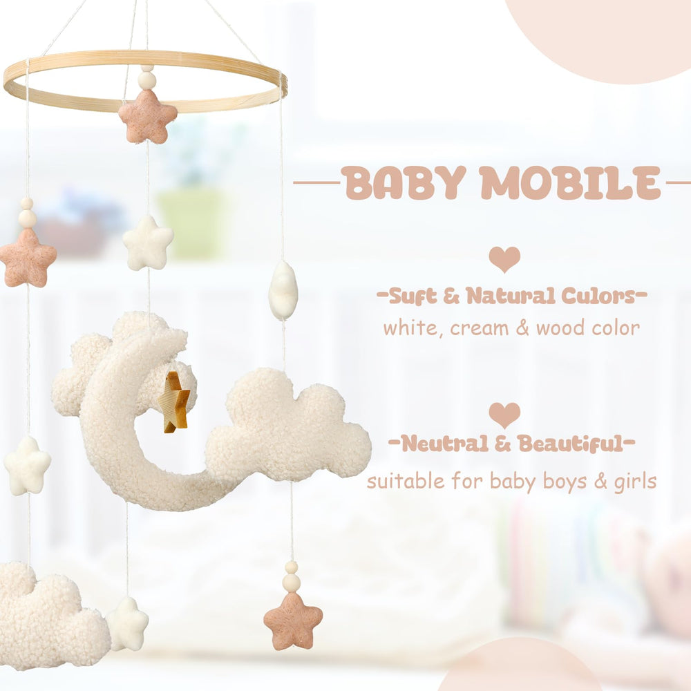 CroBlissful crib mobile in neutral tones complements Boho or modern nurseries and unisex spaces.