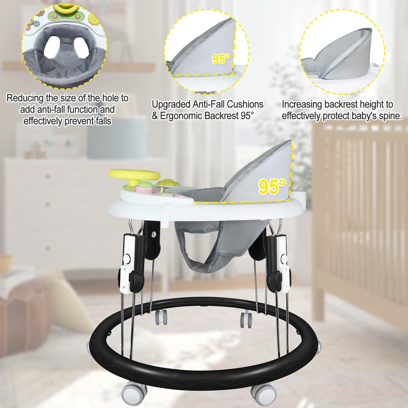 CROSDE music disk on walker offers gentle sound and sensory engagement.