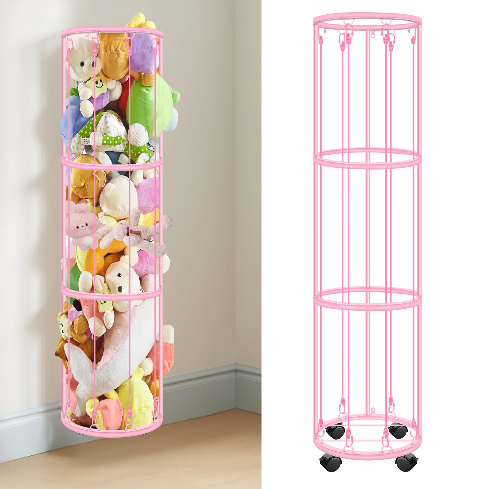 CROSDE stuffed animal storage with 3-layer front view showing elastic cords and plush toy openings.