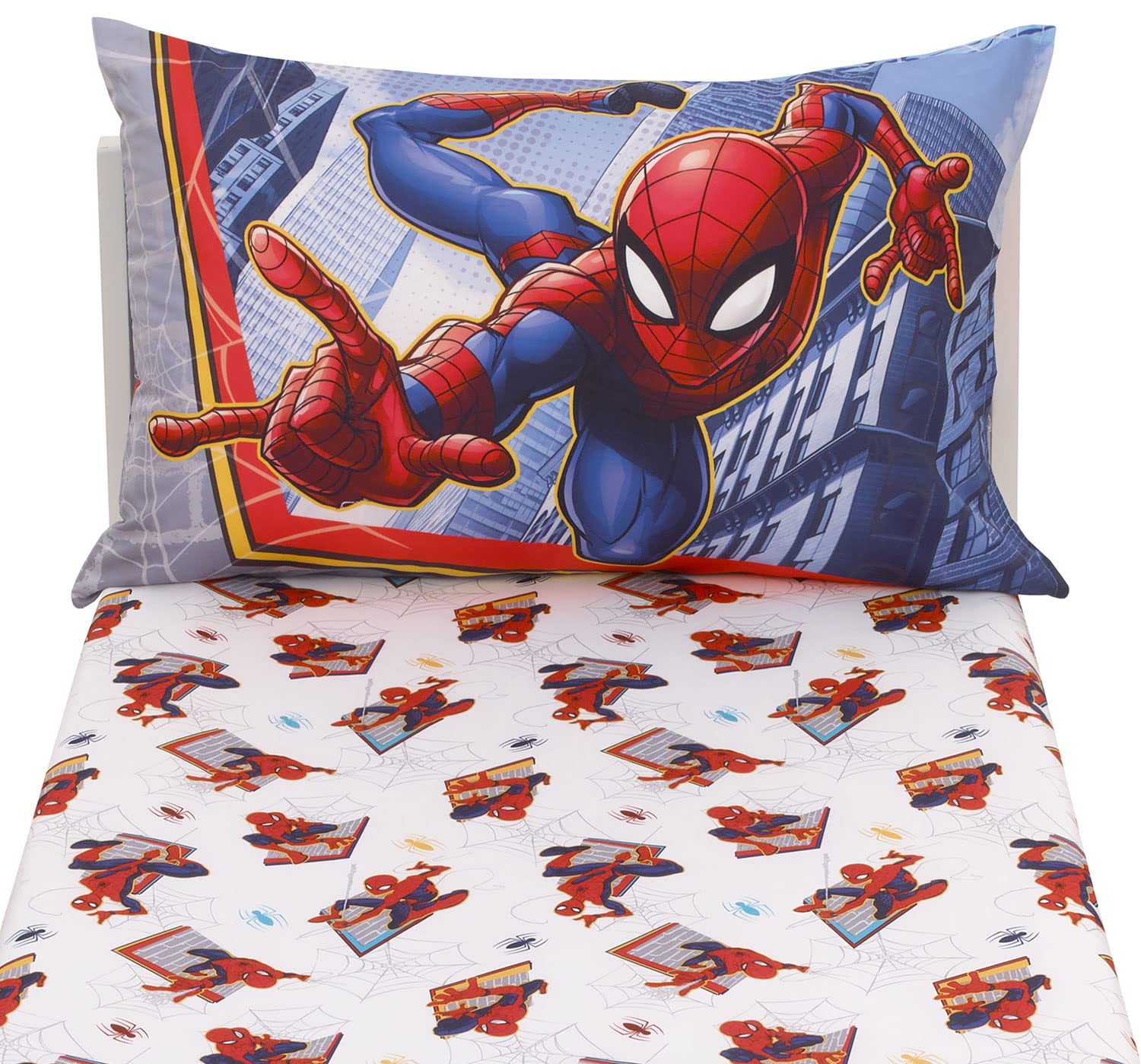 Crown Crafts Marvel Spider-Man toddler sheet set fitted closeup shows 28x52 inch fit for crib