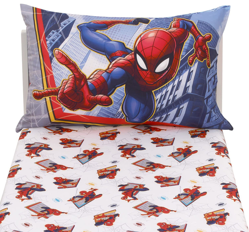 Crown Crafts Marvel Spider-Man toddler sheet set fitted closeup shows 28x52 inch fit for crib