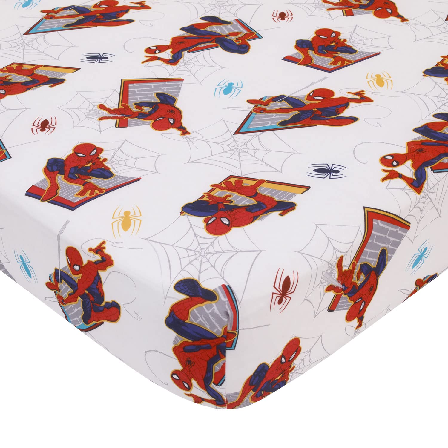 Crown Crafts Marvel Spider-Man toddler sheet set machine washable closeup underscores convenience for parents
