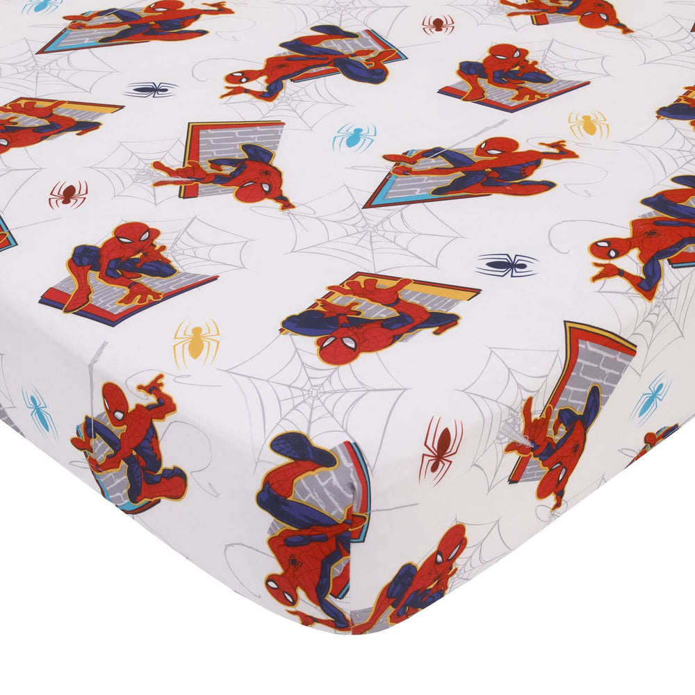 Crown Crafts Marvel Spider-Man toddler sheet set machine washable closeup underscores convenience for parents