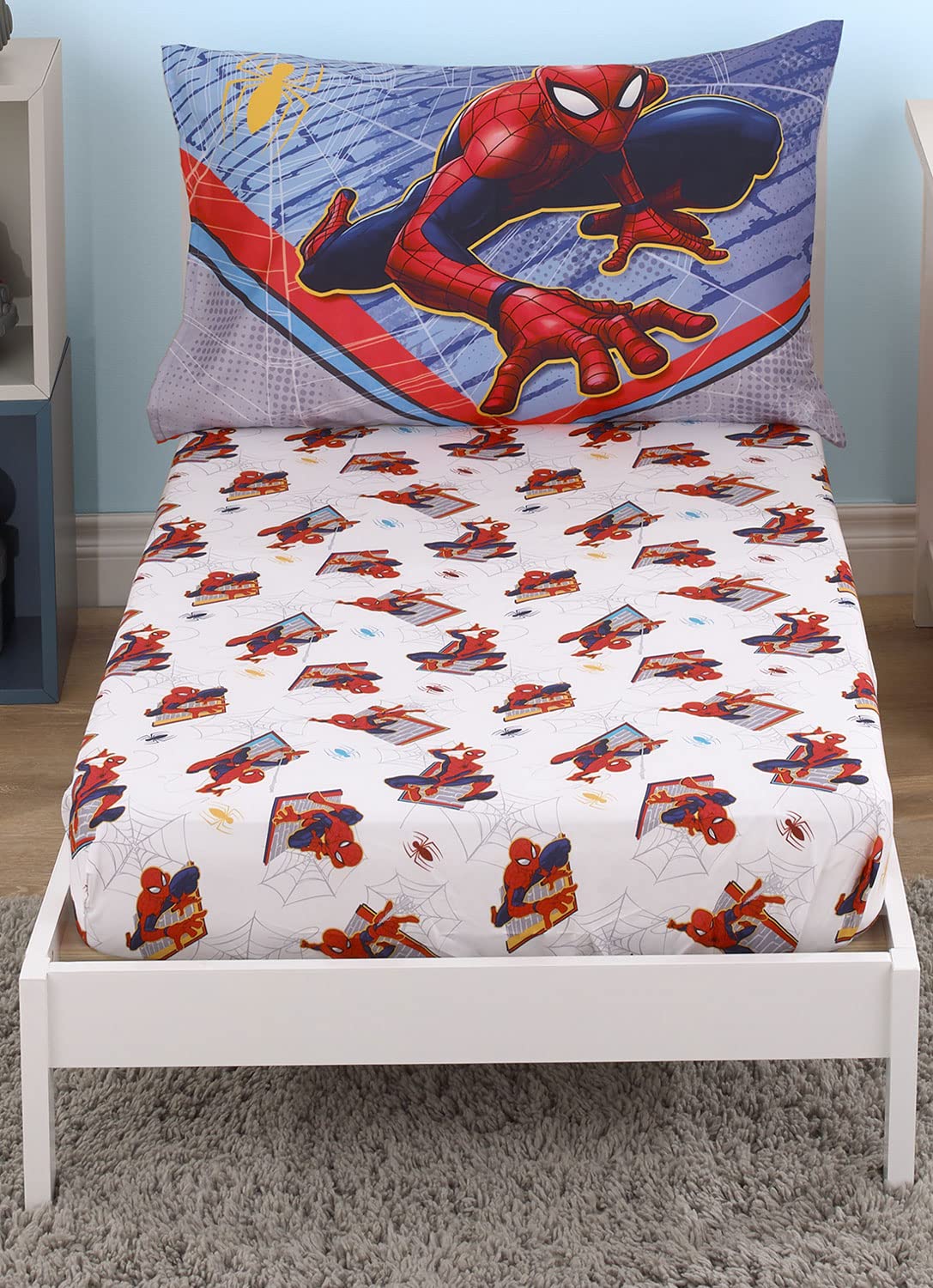 Crown Crafts Marvel Spider-Man toddler sheet set pillowcase reversible closeup highlights dual-sided bedtime variety
