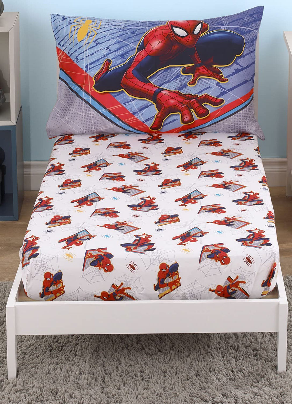 Crown Crafts Marvel Spider-Man toddler sheet set pillowcase reversible closeup highlights dual-sided bedtime variety