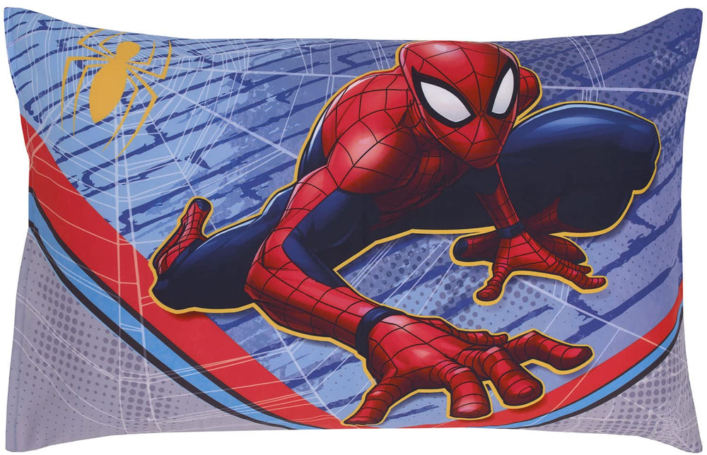 Crown Crafts Marvel Spider-Man toddler sheet set soft polyester closeup emphasizes easy care and durability