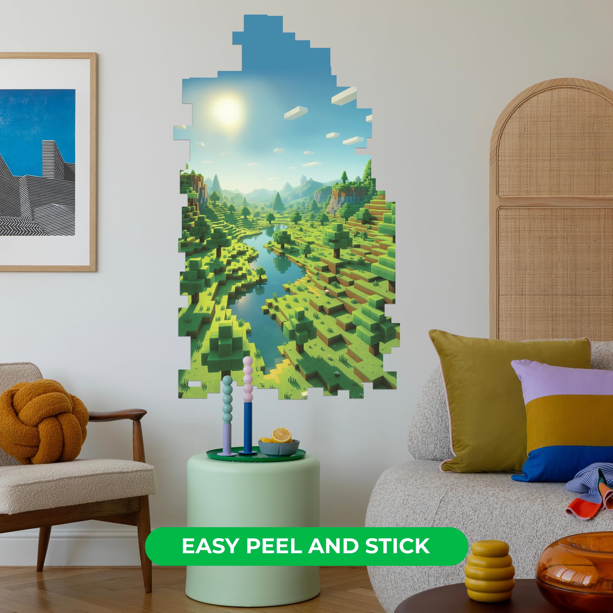 CRYPTONITE pixel landscape wall sticker features bold blocks for a playful bedroom focal point.