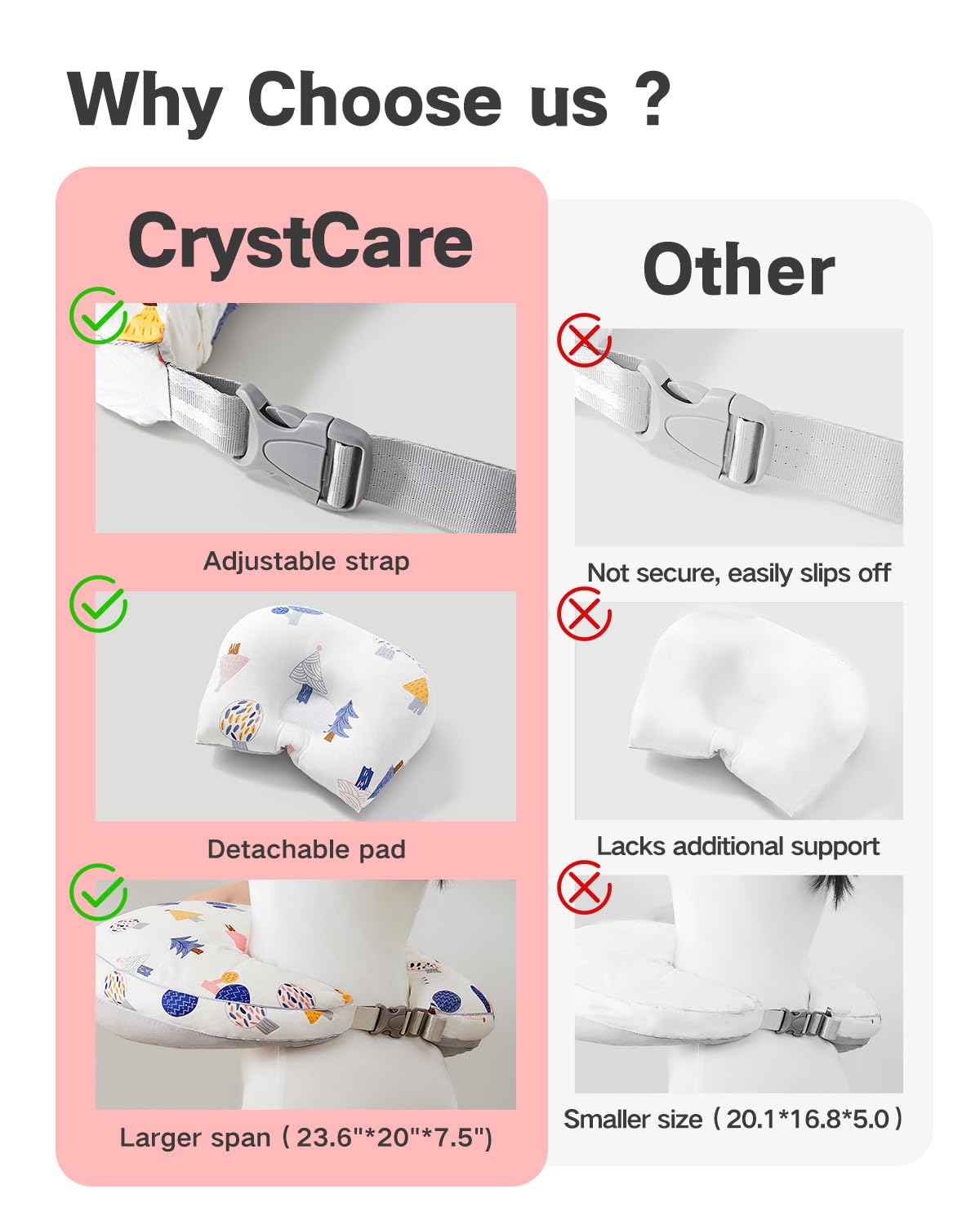 CrystCare nursing pillow forest height adjustment adapts from newborn latch to toddler support.