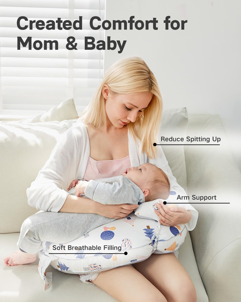 CrystCare nursing pillow features cheerful polka design for a friendly feeding space.
