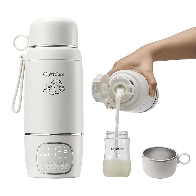 CrystCare portable milk warmer demonstrates its compact travel design for on-the-go feeding.